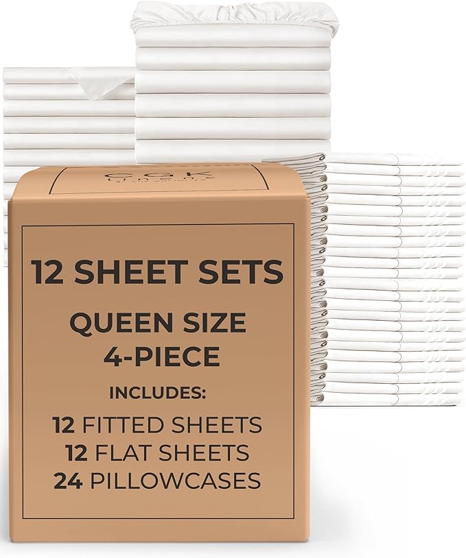 Bulk Case Pack of 12 Sheet Sets - (12) Complete Queen Size Sheet Sets w/ Deep Pockets - Wholesale Bulk Bedding for Hotels, Spas & Airbnbs - Breathable, Cooling & Wrinkle Free - (Queen, Antique White)