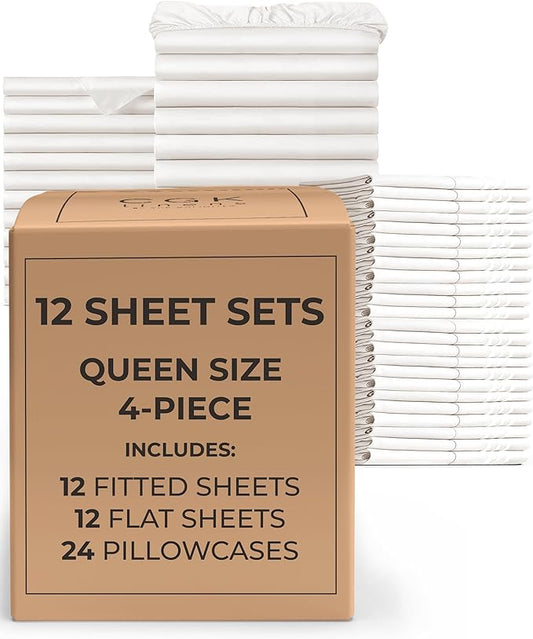 Bulk Case Pack of 12 Sheet Sets - (12) Complete Queen Size Sheet Sets w/ Deep Pockets - Wholesale Bulk Bedding for Hotels, Spas & Airbnbs - Breathable, Cooling & Wrinkle Free - (Queen, Antique White)