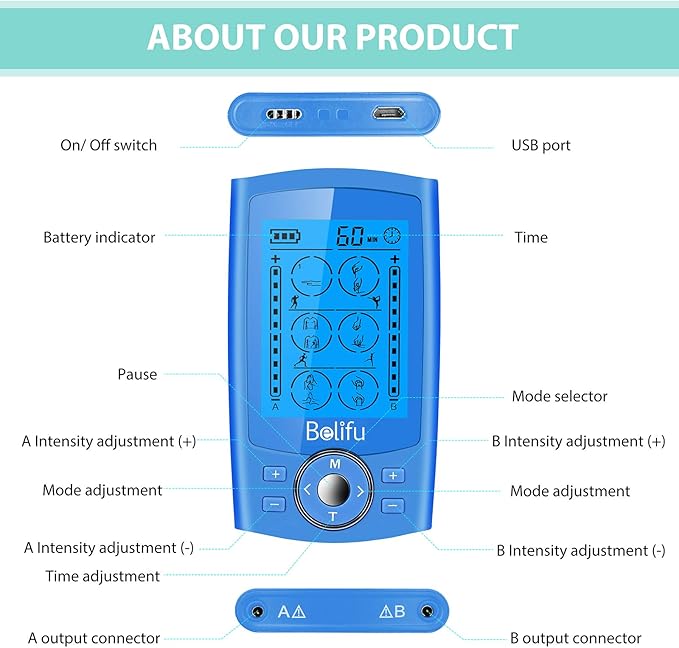 Belifu Dual Channel TENS EMS Unit 24 Modes Muscle Stimulator for Pain Relief Therapy, Electronic Pulse Massager Muscle Massager with 10 Pads, Dust-Proof Drawstring Storage Bag, Fastening Cable Ties