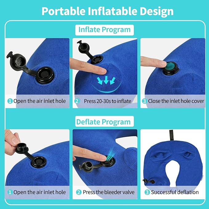 2 Pack Inflatable Travel Neck Pillows for Airplanes, Head Support Velvet Adult Neck Pillows for Long Flight, Kit with Eye Mask, Earplugs and Storage Bag, 2, Navy Blue