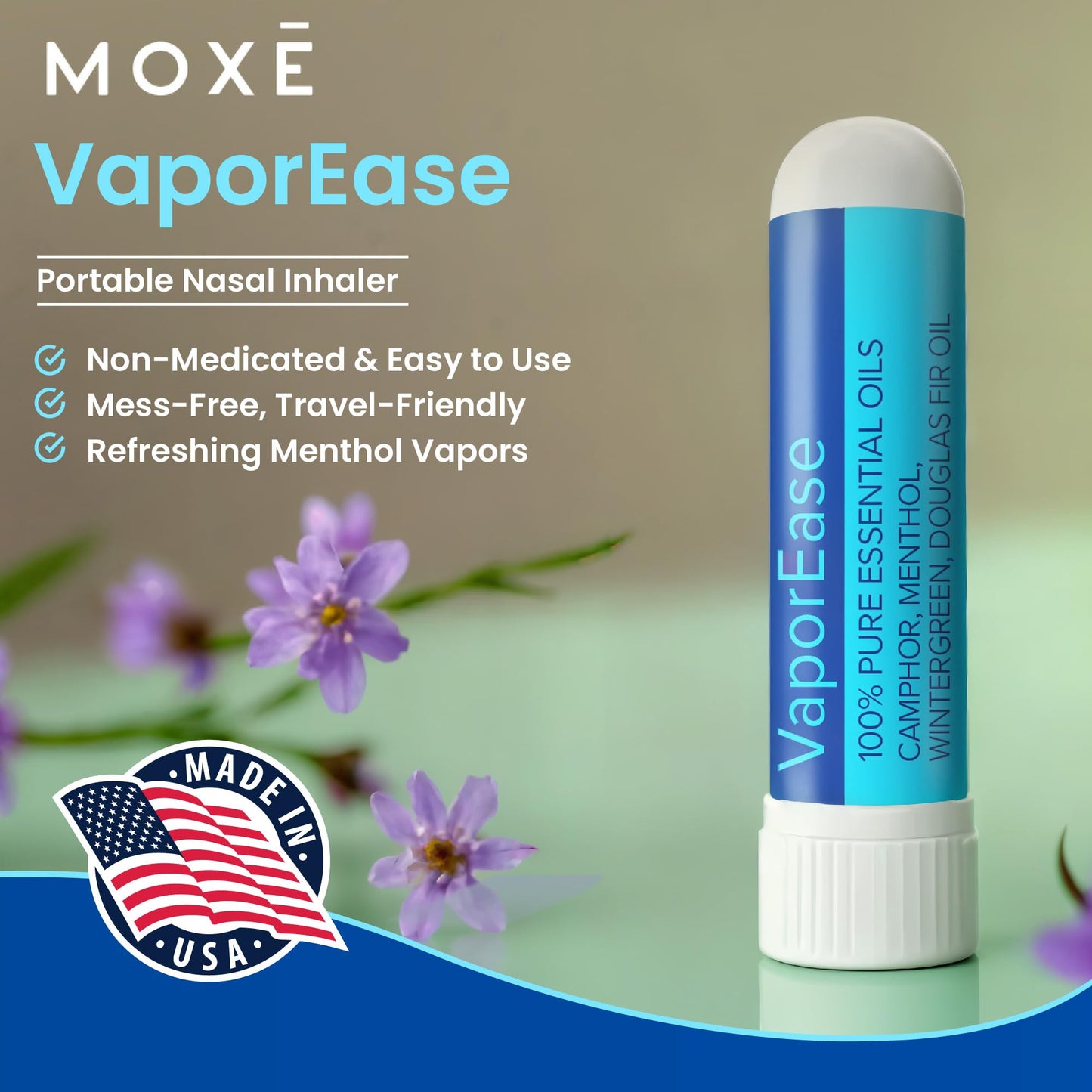 MOXE VaporEase, Portable Nasal Inhaler On-The-Go, Non-Medicated, Made in USA, Soothing and Refreshing Vapors, Menthol Scent, 3 Pack