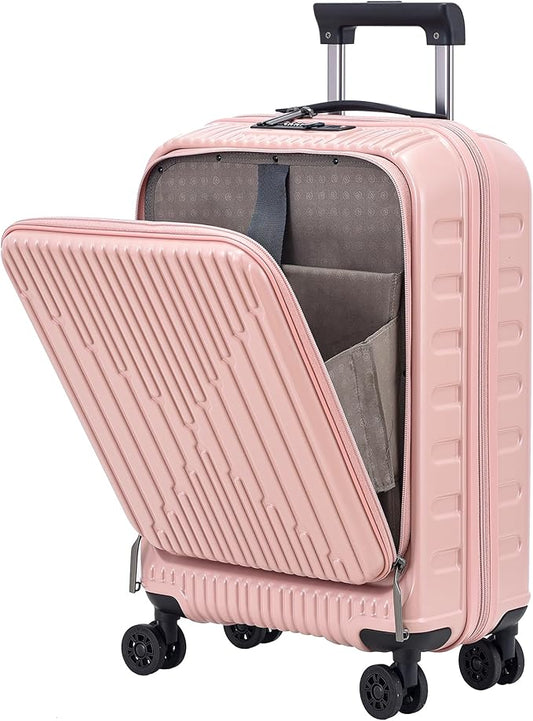 19 Inch Suitcase Hand Luggage with Front Pocket for 15.6" Laptop, 35 * 23 * 55cm, 43L, Ligthweight ABS+PC Hardshell Carry On, TSA Lock & YKK Zippers with HINOMOTO 360° Wheels, Pink