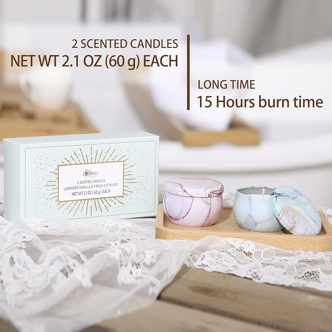 2-Pack Soy Candles Gift Set - Lavender, Vanilla, Rose Scents in Portable Tin Jars - for Home, Travel, Spa