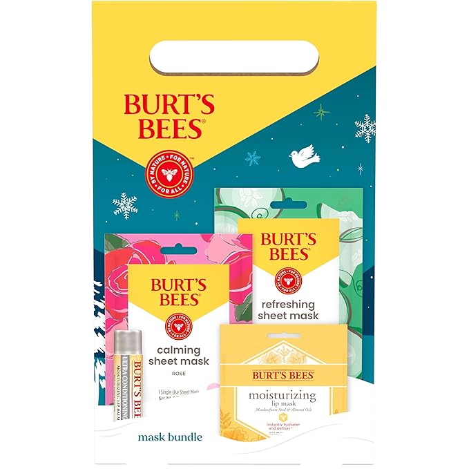 Burt’s Bees Mask Bundle Gift Set; , Ultra Conditioning Lip Balm and Moisturizing Lip, Refreshing Sheet and Calming Sheet Masks; Festive Packaging; 1 Gift Set