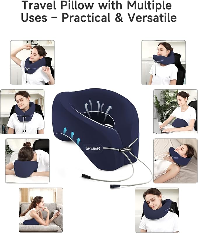 Travel Pillows for Airplanes, Neck Pillow Airplane, Airplane Travel Accessories with Eye Mask, Earplugs & Storage Bag, Ergonomic Memory Foam Neck Pillow for Sleeping, Flights, Cars, Office (Navy Blue)