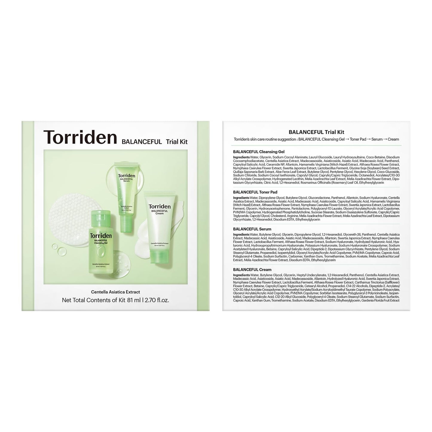 Torriden BALANCEFUL Cica Trial Kit, 5D Cica Infused Daily Skincare Kit - 4 Step Regimen with Cleansing Gel, Toner Pad, Serum, and Cream | Korean Skin Care Set