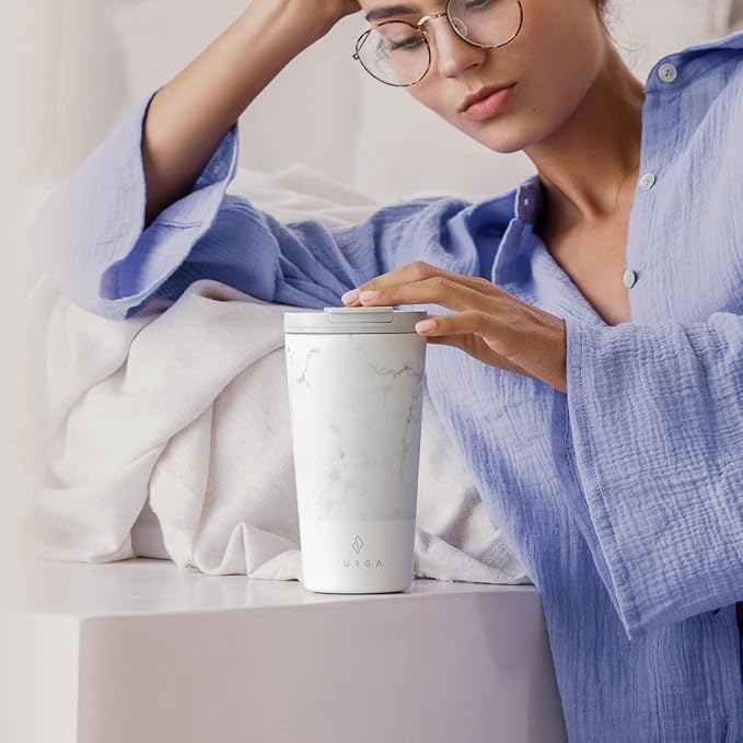 BURGA Travel Coffee Mug (16oz) – Spill-Proof, Secure-Seal Insulated Coffee Mug – Scratch-Resistant, Stainless Steel Travel Mug Stays Hot or Cold – Anti-Slip Coffee Tumbler – White Marble Travel Mug