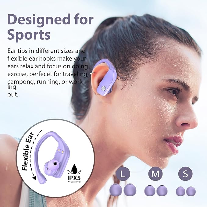 bmanl Wireless Earbuds Bluetooth Headphones 48hrs Play Back Sport Earphones with LED Display Over-Ear Buds with Earhooks Built-in Mic Headset for Workout Purple