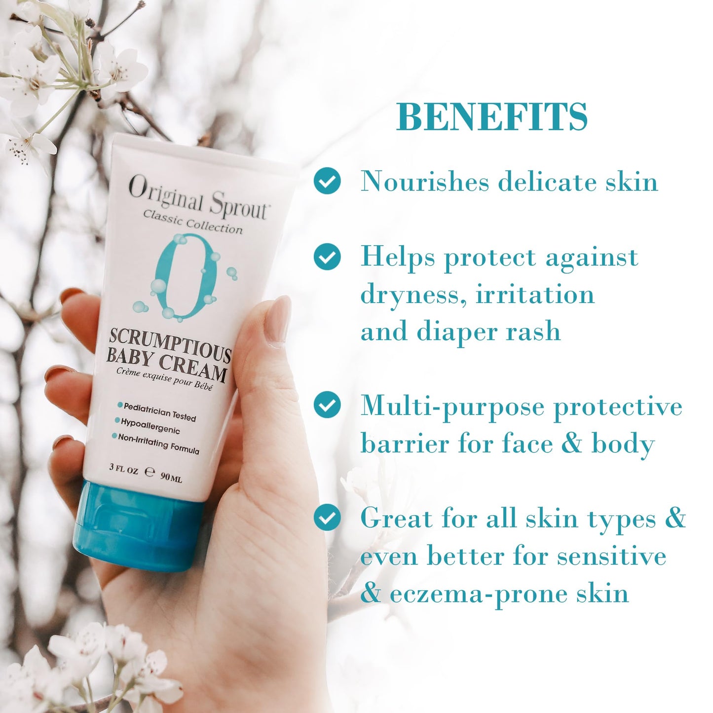 Original Sprout Scrumptious Baby Cream, Gentle Moisturizing Cream for Dry, Sensitive Skin & Diaper Rash, Non-Greasy Baby Lotion with Zinc Oxide & Calendula for Face & Body, 3 fl oz, Travel Size