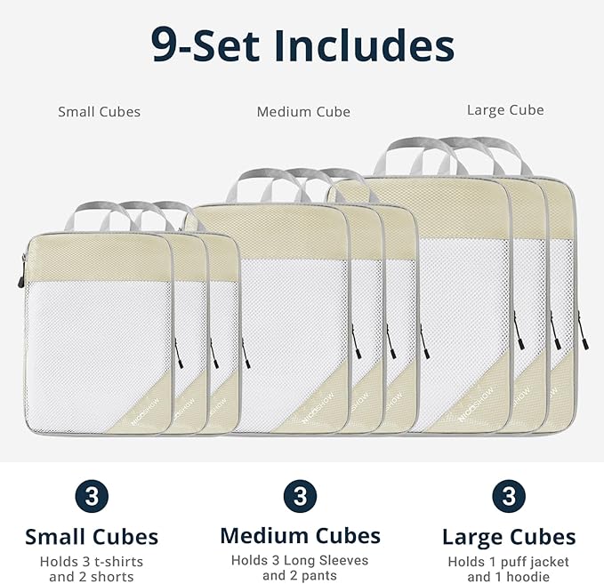 9 Set Compression Packing Cubes for Travel - Compressible, Lightweight, and Space-Saving Packing Cubes, Travel Essentials for Women, Beige