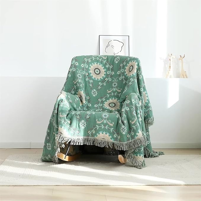 Boho Throw Blanket for Bed 100% Cotton Ultra Soft Rustic Quilt Fall Blanket Floral Printed Farmhouse Decor Bed Blankets,90"×98" All Season Rustic Throw for Sofa Couch Chair