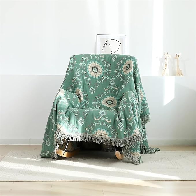 Boho Throw Blanket for Bed 100% Cotton Ultra Soft Rustic Quilt Fall Blanket Floral Printed Farmhouse Decor Bed Blankets,80"×90" All Season Rustic Throw for Sofa Couch Chair