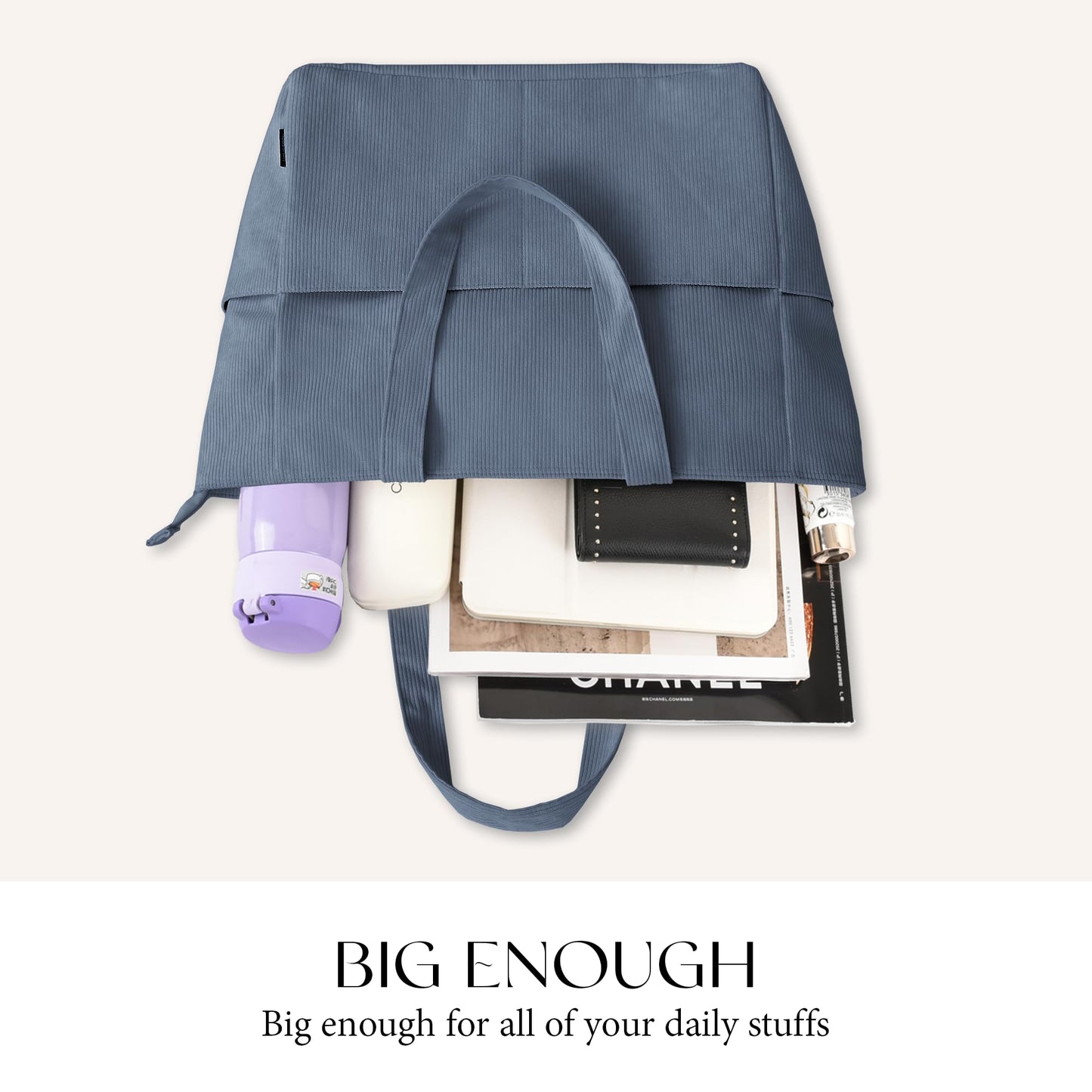 HOMESPON Large Corduroy Tote Bag for Women Everyday Shoulder Bag with Pockets and Zipper for Work Travel Vacation (Blue, L)