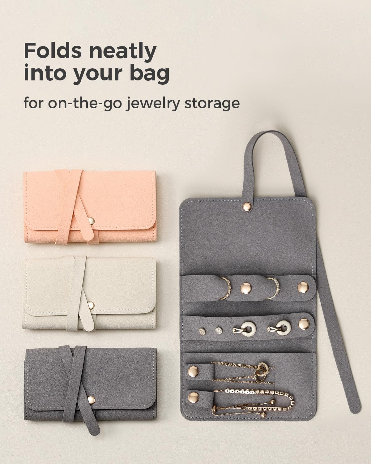 CASEGRACE Travel Jewelry Organizer Roll, Portable Velvet Jewelry Storage Roll Earring Organizer Bag, Jewelry Pocket for Necklaces, Rings, Earrings (Gray)