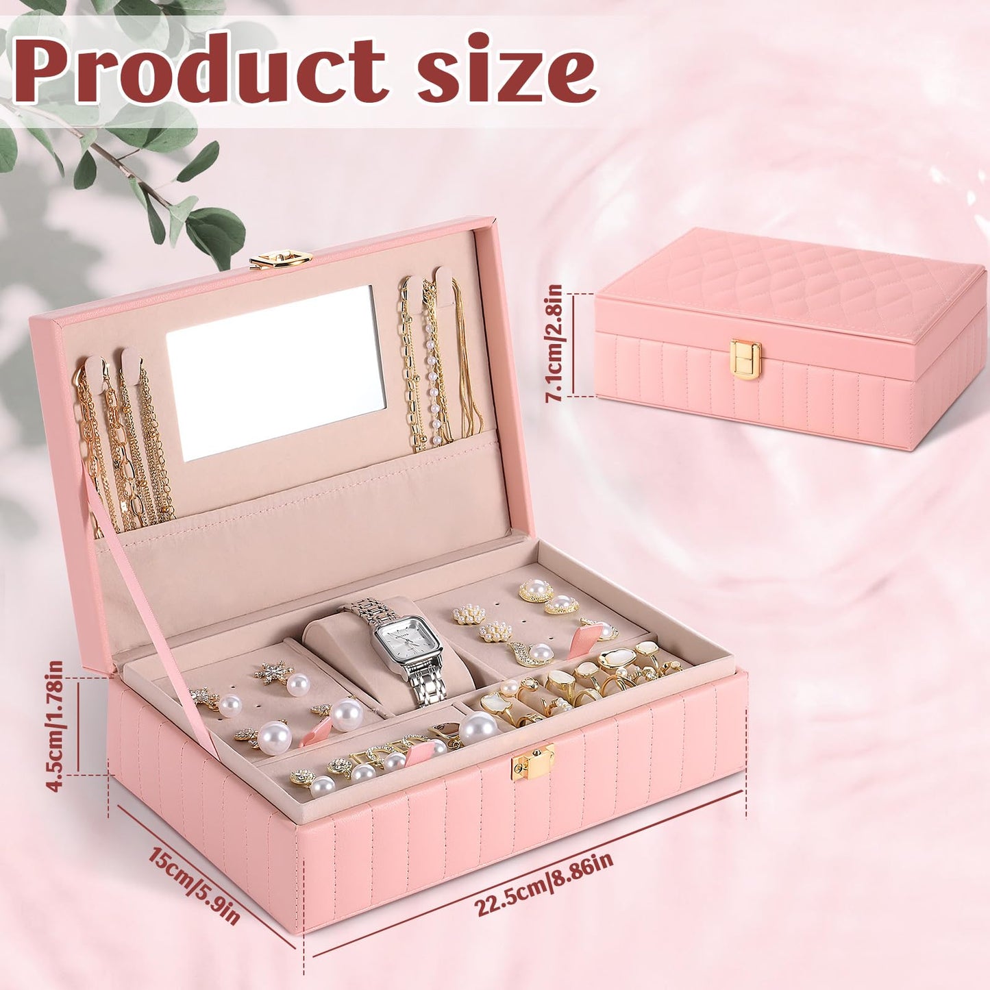 Emazerom PU Leather Travel Jewelry Case Twill Jewelry Organizer Box with Mirror 8.86 x 5.9 x 2.8 Inch Premium Portable Earrings Necklace Ring Storage Holder Display Gift (Pink)