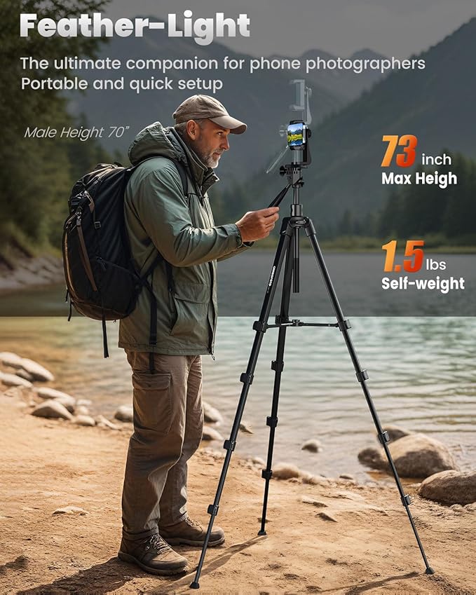 73"-Phone-Tripod-with-Horizontal-Overhead, Selfie Stick/Tall Travel Stand with Wireless Remote and iPhone Holder, Mirrorless/Compact/GoPro/Camera/Compatible/iPhone/Smartphone