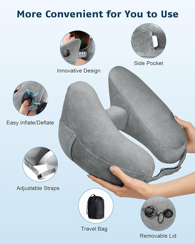 Travel Pillow Inflatable Neck Pillow Airplane Pillow with Velvet Cover Inflatable Pillow for Car/Train/Plane (Grey, M)
