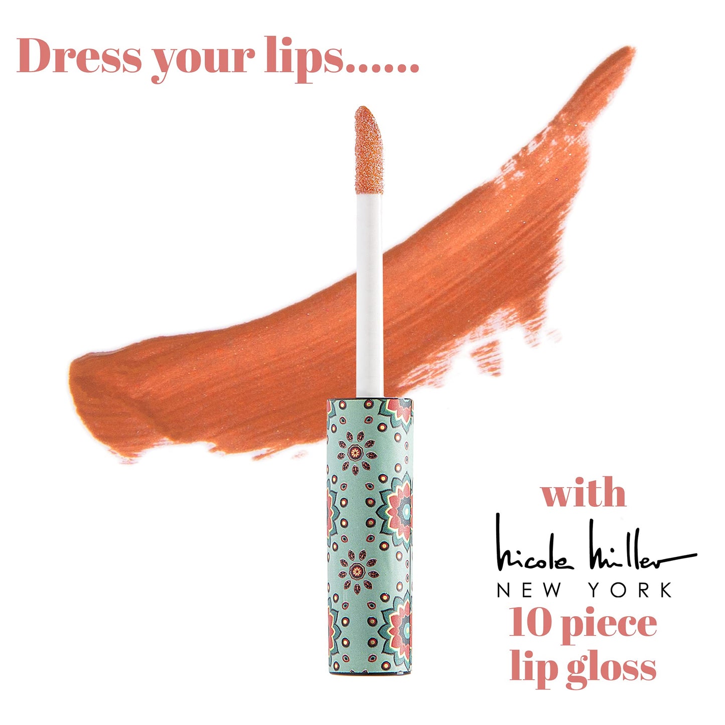 Nicole Miller Lip Gloss Collection Shimmery Glosses for Women and Girls Long Lasting Color Set with Rich Varied Colors, Pink Glossy, 10 Count (Pack of 1)