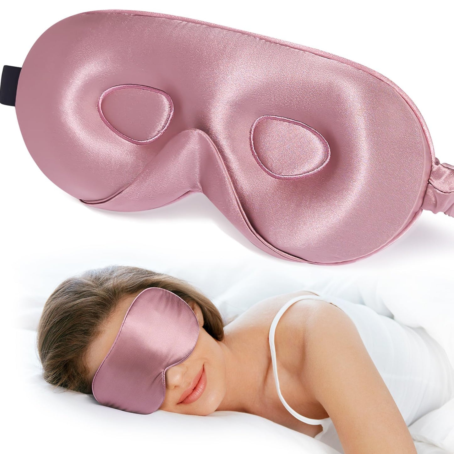 LitBear 100% 22 Momme Mulberry Silk Sleep Mask - 3D Contoured Eye Mask for Men Women, Soft Breathable Sleeping Mask with Adjustable Strap, Perfect Blocks Light for Sleeping (Bean Pink)