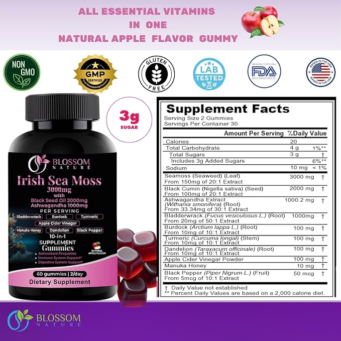 10-in 1 Irish Sea Moss Gummies 3000mg with Black Seed Oil Ashwagandha Bladderwrack Burdock Turmeric Apple Cider Vinegar Manuka Honey Dandelion - for Immune and Digestive System, Made in US