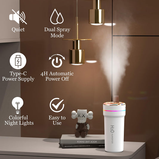 Car Diffuser Humidifier with Night Lights Portable 300mL USB Powered Cool Mist Auto Shut-Off Quiet Perfect for Car Home Office Bedroom (White)