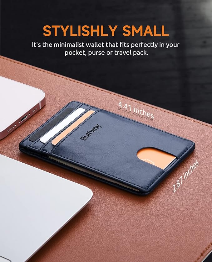 Buffway Mens Slim Wallet, Minimalist Thin Front Pocket Leather Credit Card Holder with RFID Blocking for Work Travel