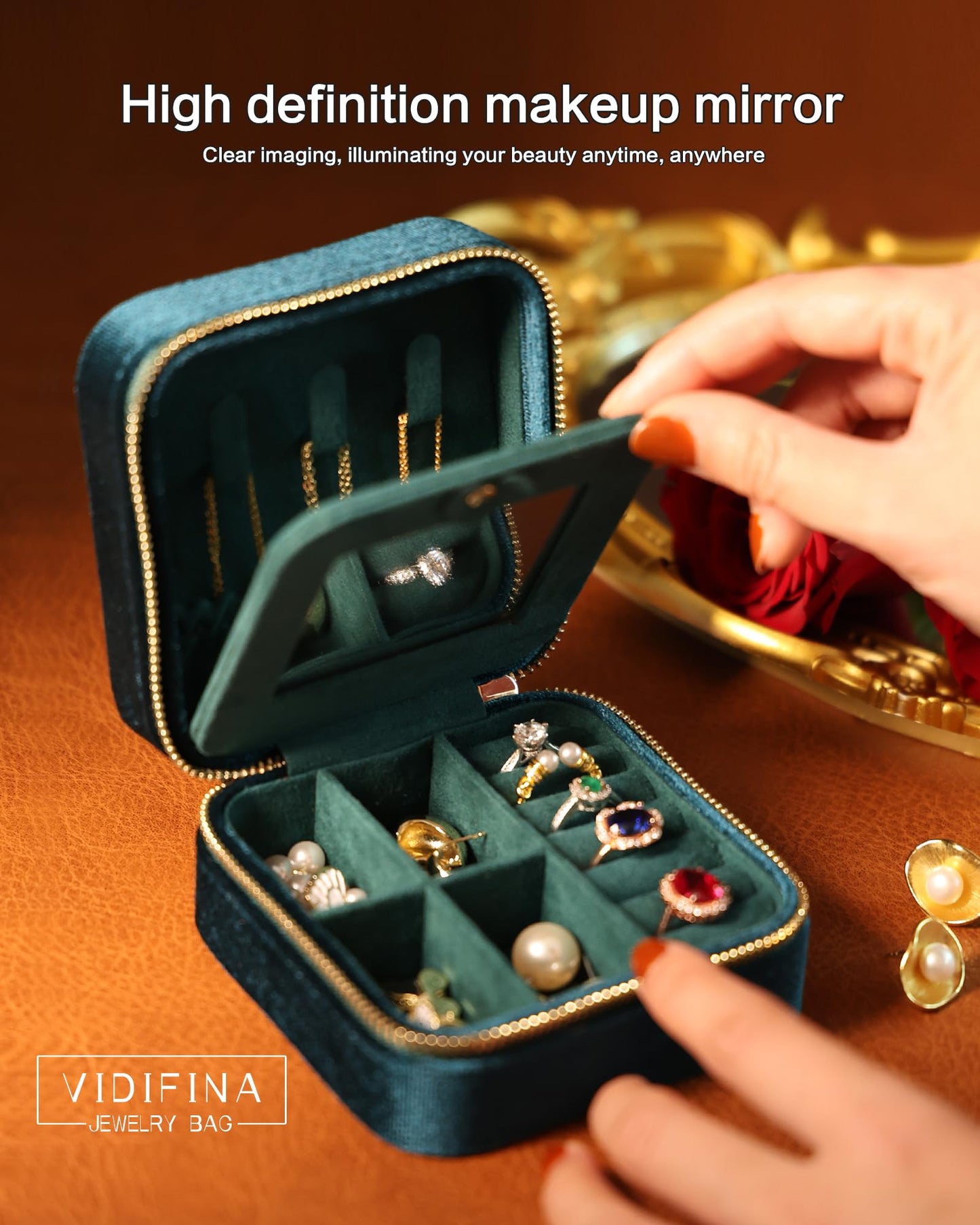Vidifina Travel Jewelry Case-Velvet Organizer Adjustable Compartments for Necklaces, Rings | Portable Luxury Travel Jewelry Box for Women, Gift-Worthy Design