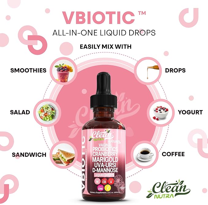 Clean Nutraceuticals VBiotic Vaginal Probiotic for Women Liquid Drops | Cranberry Uva Ursi Horsetail D-Mannose Prebiotics Marigold & Black Cohosh Vaginal Health Supplement | pH Balance