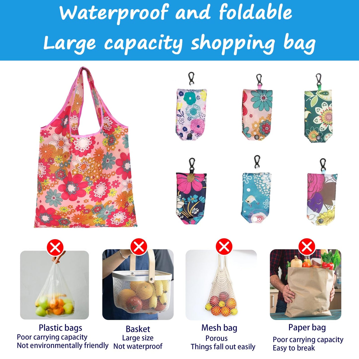 6 Pcs Reusable Shopping Bags Foldable, Machine Washable Shopping Grocery Bags in Pocket , Eco-Friendly Travel Recycle Shopping Bags, Waterproof Pouch Tote Bags for Daily Shopping Supplies load