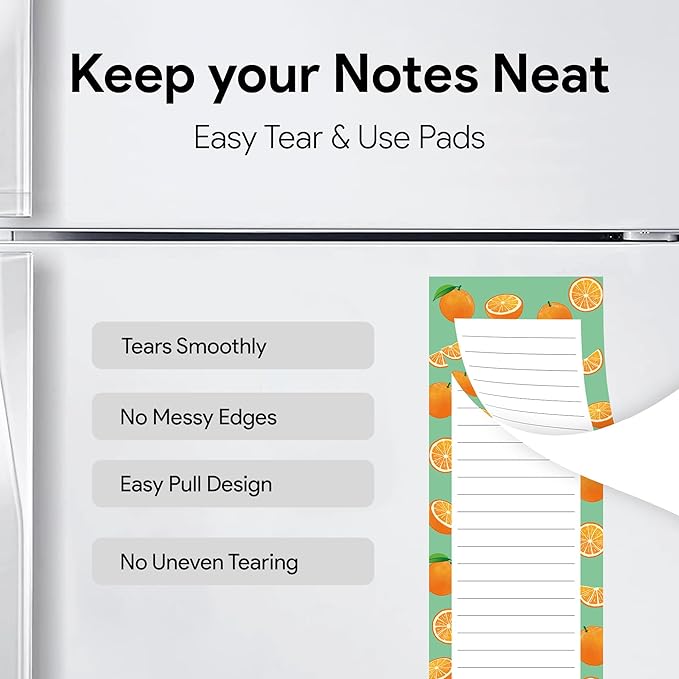 4 Large Magnetic Notepads – Shopping List, To-Do List, Reminders, Grocery List Pads -Strong Full Magnetic Back- Memo Pads with Realistic Fruit Designs | 60 Sheets per Pad 9 x 3.5 inch (4 Pack)