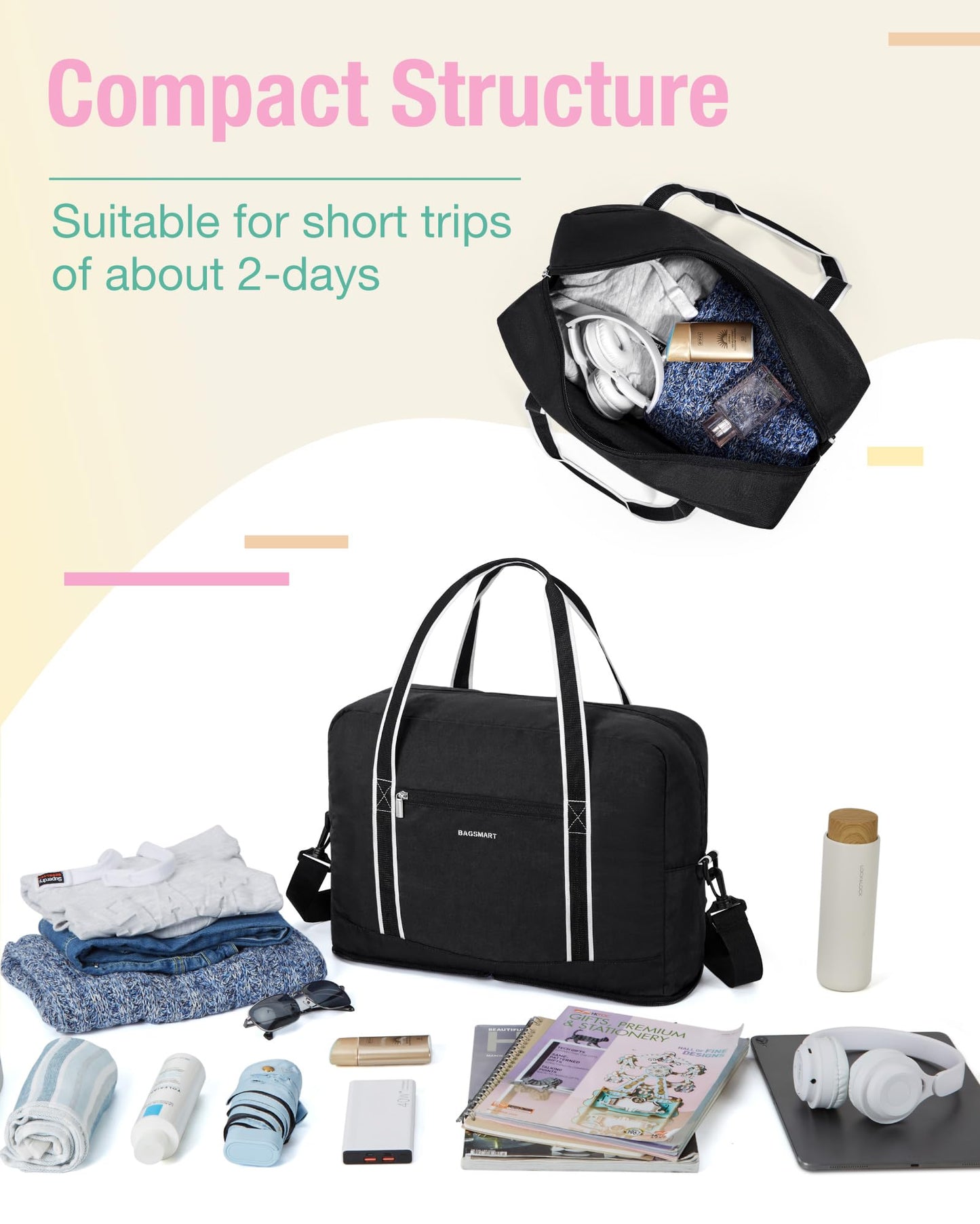 BAGSMART For Spirit Airlines Personal Item Bag 18x14x8, Foldable Travel Duffel Bag Tote Weekend Overnight Bag Carry on Luggage for Women and Men(Black)