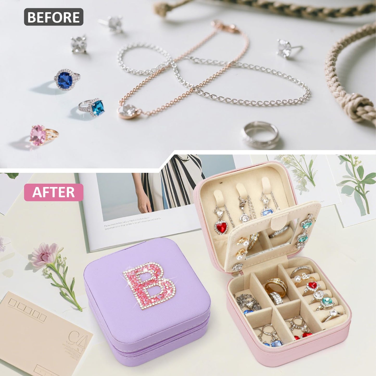 Nuozme Bling Sparkly Initial Jewelry Case,Personalized Gifts for Teen Girls,Kids,Women,Brides, Bridesmaids, Glitter Rhinestone Travel Jewelry Box,Easter Birthday Christmas Gifts, Small Size (Purple A)