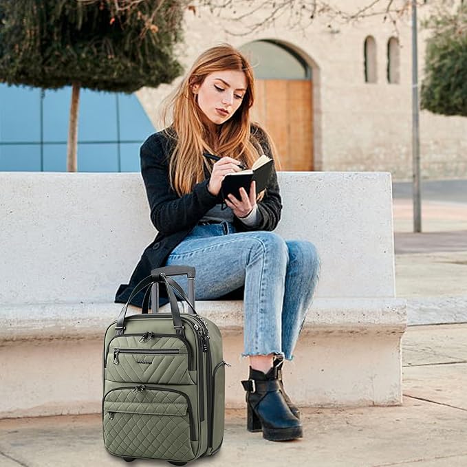 KROSER Carry On Underseat Multi-functional, 16-inch Underseater Lightweight Overnight Suitcase for Women, Olive