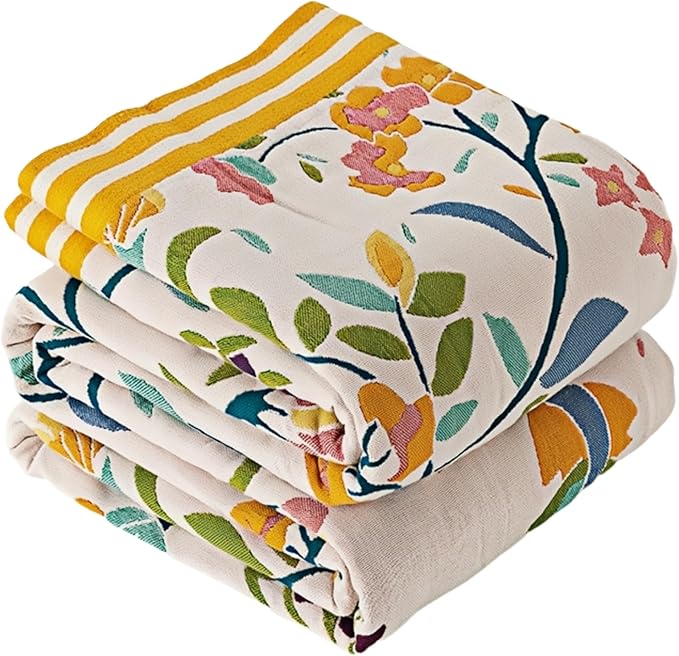 Boho Throw Blanket, Double-Sided Cotton Woven Throw Blankets,Bohemian Style Little Swan Green Boho Muslin Blanket for Traveling, Camping, Picnic, Farmhouse,80''x90''