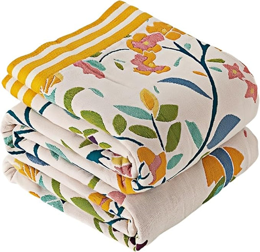 Boho Throw Blanket, Double-Sided Cotton Woven Throw Blankets,Bohemian Style Little Swan Green Boho Muslin Blanket for Traveling, Camping, Picnic, Farmhouse,80''x90''