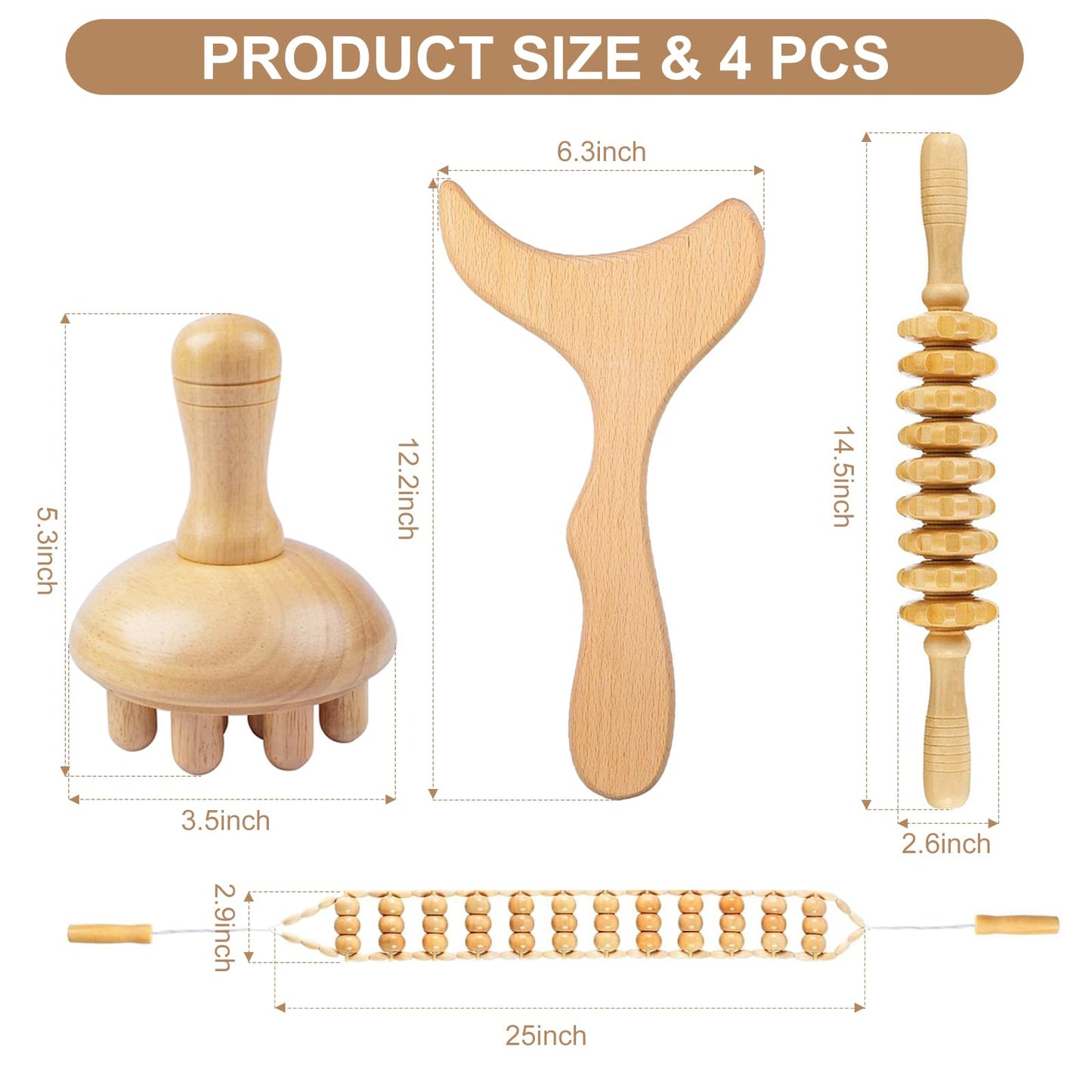 4-in-1 Wood Therapy Massage Tools Lymphatic Drainage Massager for Muscle Pain Relief, Maderoterapia Kit Body Sculpting Tools for Anti-Cellulite, Body Shaping