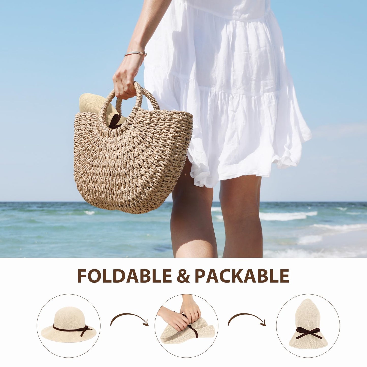 Sun Beach Hats Summer for Women, UPF 50+ UV Sun Protection Wide Brim Woven Crochet Hat Foldable Packable Roll up Knitted Cap, Beige