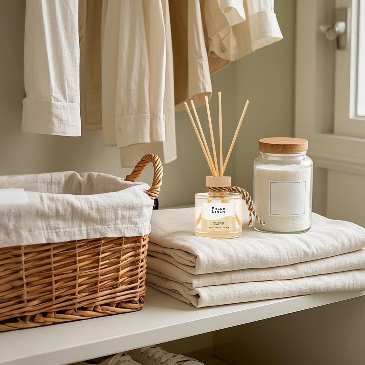 BEHAZEER Linen Reed Diffuser, 6.77OZ/200ML Large Capacity Natural Non-Toxic Oil, Long-Lasting Fragrance Reed Diffusers Set for Home and Bathroom, Aroma with 5 Reed Diffuser Sticks Gifts