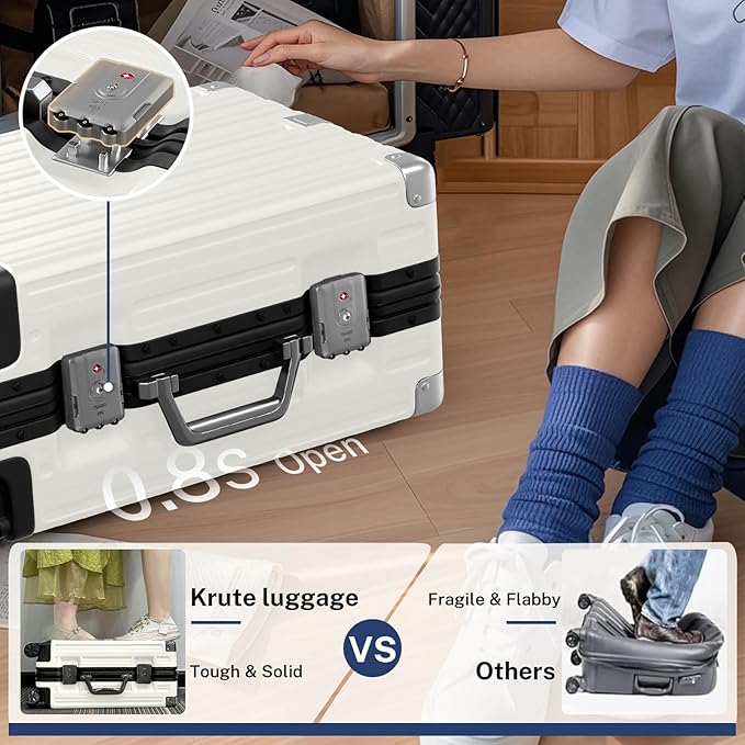 Krute Carry On Luggage 20 inch Aluminum Frame Suitcase with Spinner Wheels No Zipper Hardshell PC+ABS Luggages TSA Lock Zipperless Suitcases