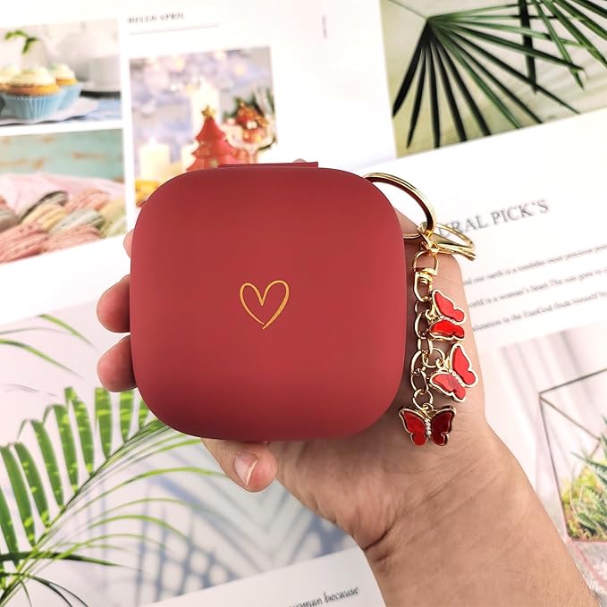 Compatible with Powerbeats Pro, Soft Silicone Case with Gold Heart Pattern for Powerbeats Pro Case with Cute Butterfly Keychain for Girls Women (Burgundy)