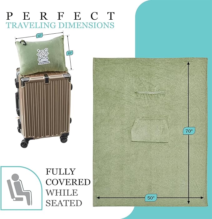 Commollis 2-in-1 Travel Blanket & Pillow for Airplane, Car, Train - Warm Compact Flight Blanket with Luggage Strap & Backpack Clip, Machine Washable, All-Season Use