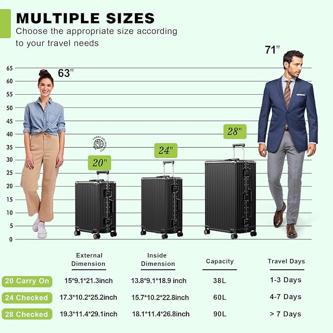 AnyZip Luggage PC+ABS Aluminum Frame Zipperless Checked Luggage Hard Shell Suitcase with TSA Lock Double Spinner Wheels 24 Inch Black