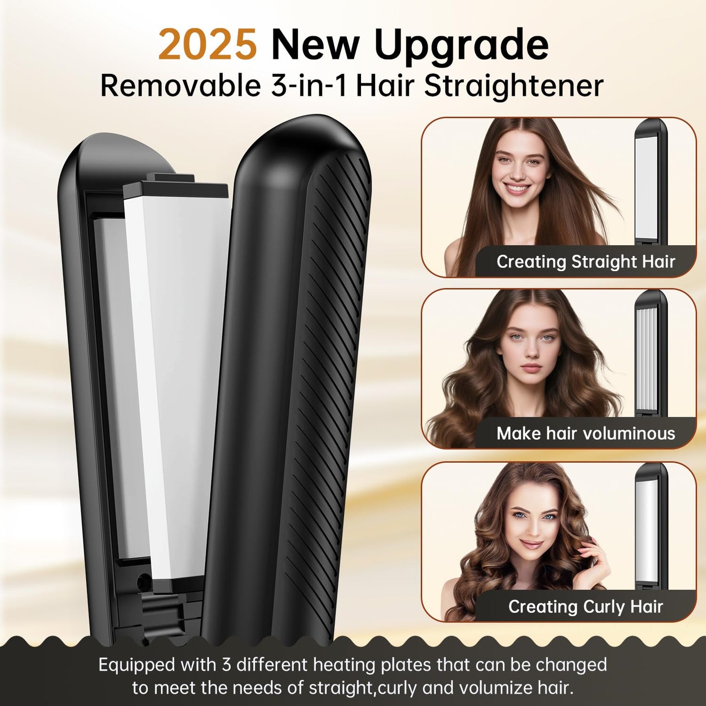 Hair Straightener 3 in 1,Cordless Rechargeable Flat Iron Detachable(with 3 Plates),Multi-Function Mini Hair Straightener Replaceable,5000mAh Travel Curling Iron,USB Rechargeable Hairdressing Tools