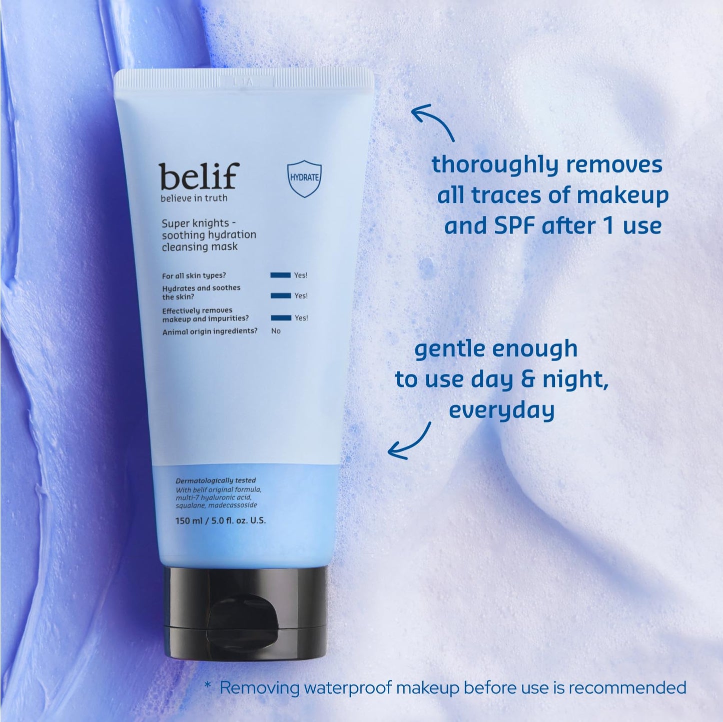 belif Super Knights - Soothing Hydration Cleansing Mask, 3-in-1 Facial Mask & Cleanser with Hyaluronic Acid, Squalane, Madecassoside | For Dry and Sensitive Skin | Korean Skincare (5.0 fl. oz)