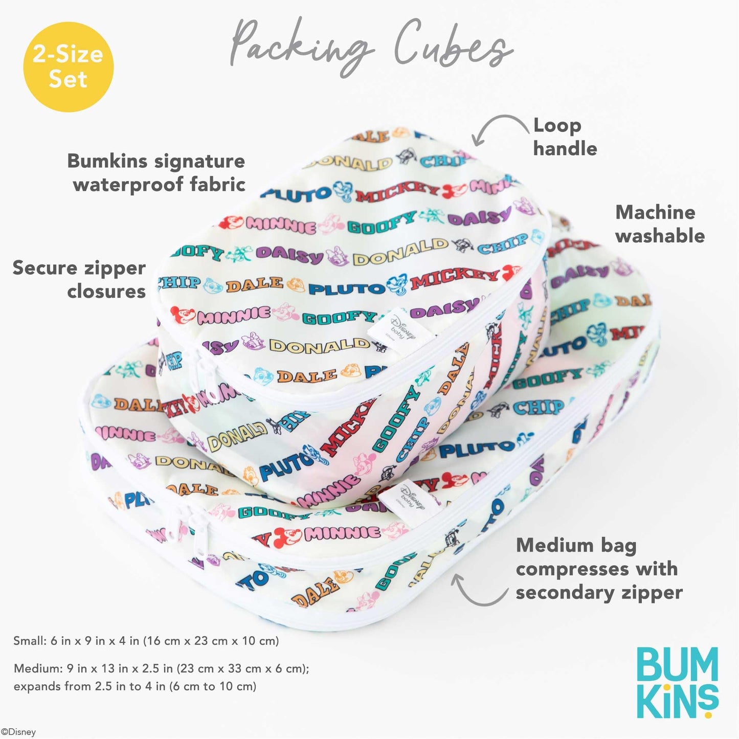 Bumkins Disney Packing Cubes for Travel, Organize Luggage with Compression Bags, Essential Traveling Accessories, Carry On Suitcase for Clothes or Toiletries, Set of 2 Sizes, Mickey and Friends White