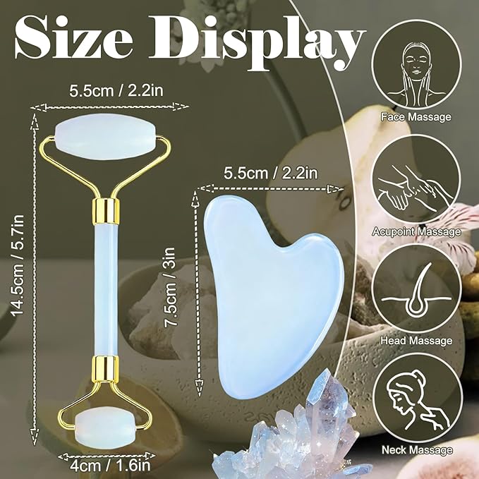 Jade roller and gua sha, facial roller, women's skincare tool, self-care gift, face, eye, neck massager, relieves fine lines and wrinkles, aventurine, opal, rose quartz