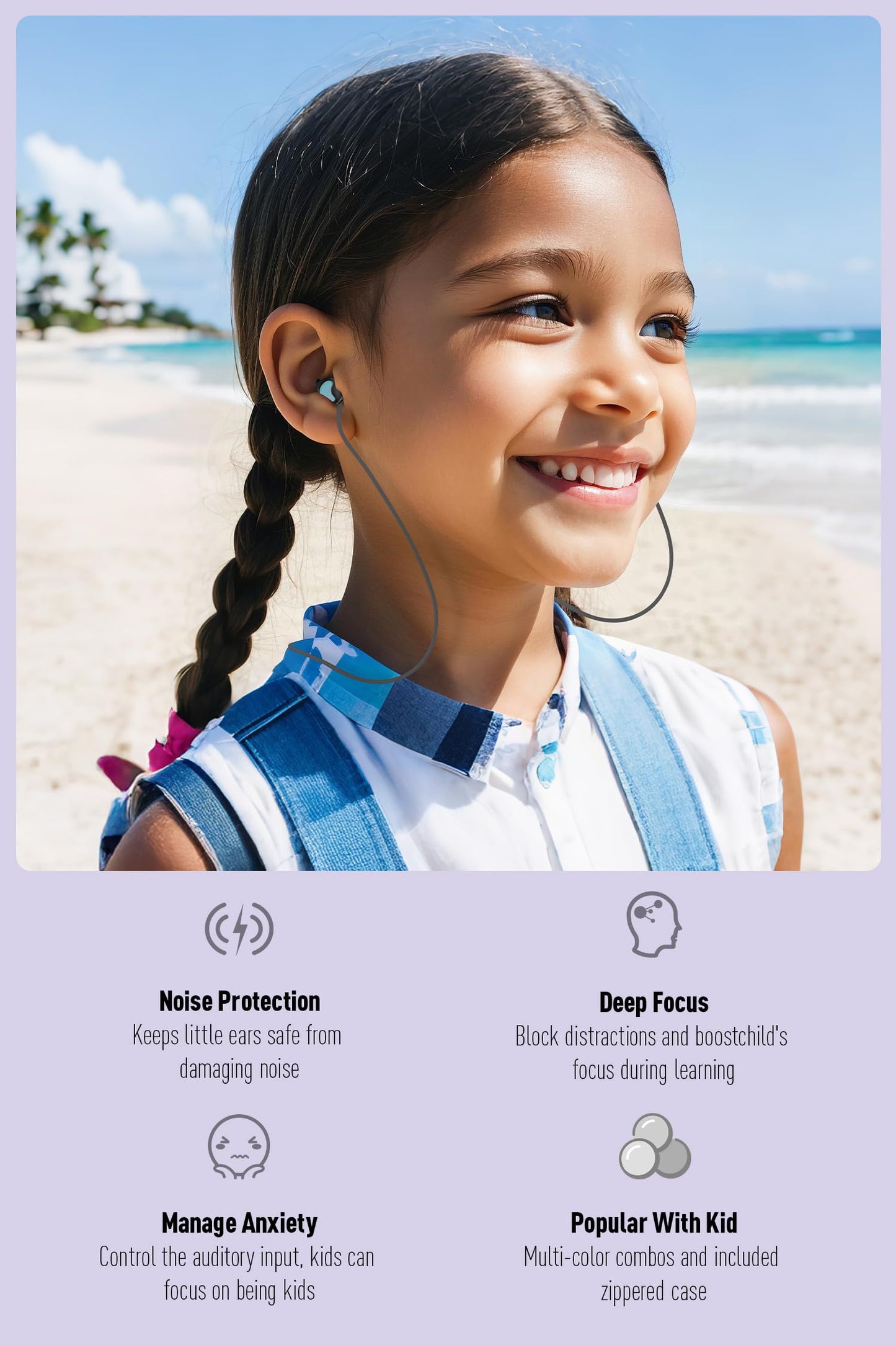 Kids Ear Plugs (6-12 Years) with Lanyard, Kids Ear Protection Reusable Noise Relief Earplugs for Focus, Travel, Concerts, Socializing, Events, Sleep, Anxiety, Stress, Home, School, Playtime - 26 dB