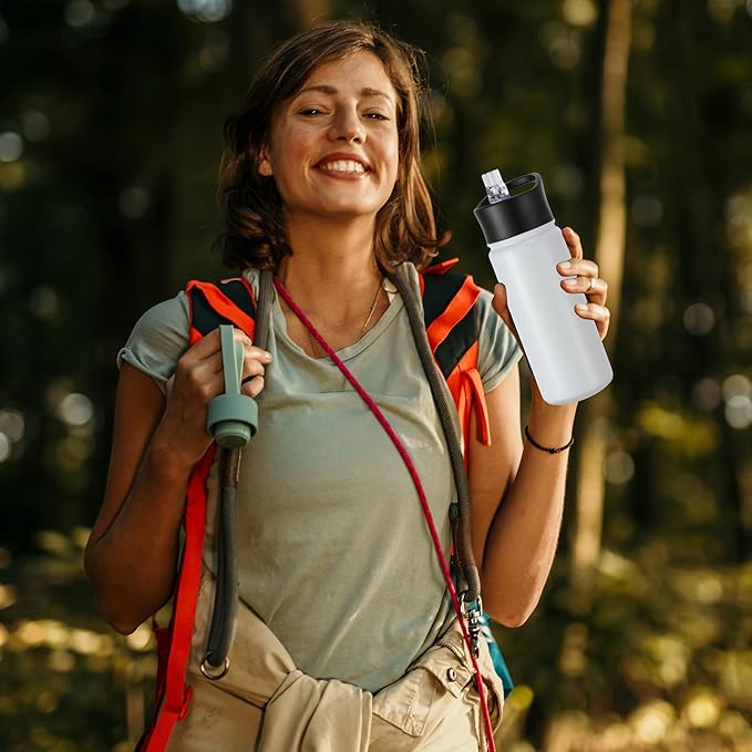 16 oz Insulated Water Bottle with Straw Lids, Stainless Steel Kids Water Bottles for School, Double Wall Vacuum Metal Water Bottle with Straw & Wide Mouth Lid, White 1 Pack