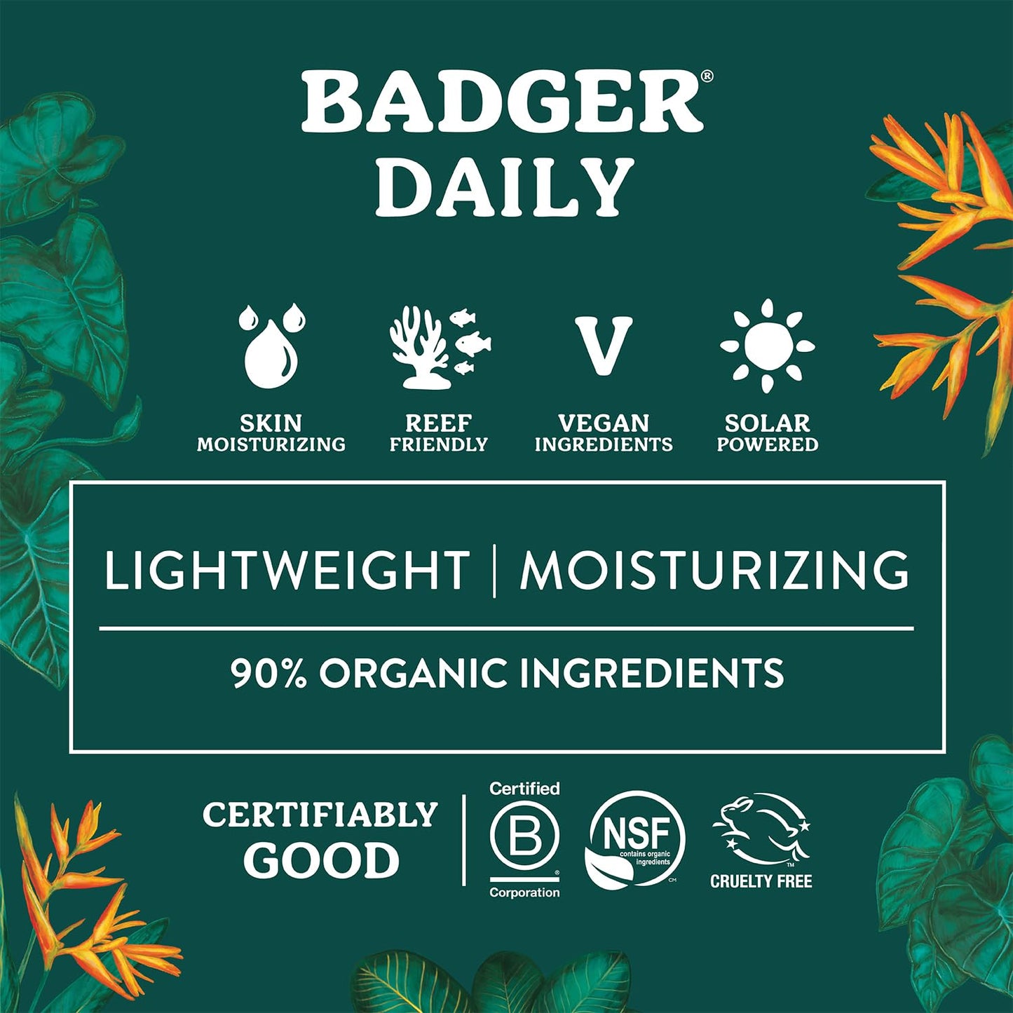 Badger Mineral Daily Sunscreen with Zinc Oxide, SPF 30, Lightweight & Easy to Apply w/No White Cast, Moisturizing Organic Sunscreen, Reef Safe, Vegan, Unscented, 4 fl oz