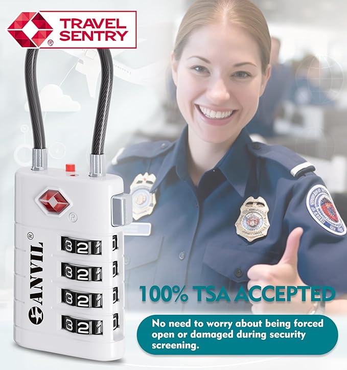 ANVIL 4 Digit Luggage Locks, TSA Locks for Luggage, Advanced TSA008 core, Alert Indicator for Your Travel Lock, Suitcase Lock. (3, White)